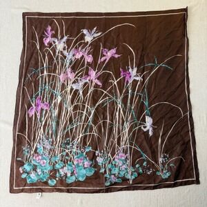 Medal Pure Silk Scarf Brown Floral Iris Purple Teal Square Hand Made 31x31